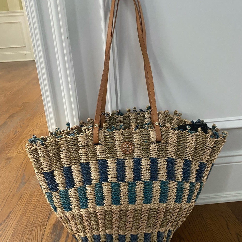 Tory Burch Tan and Blue Striped Woven Tote